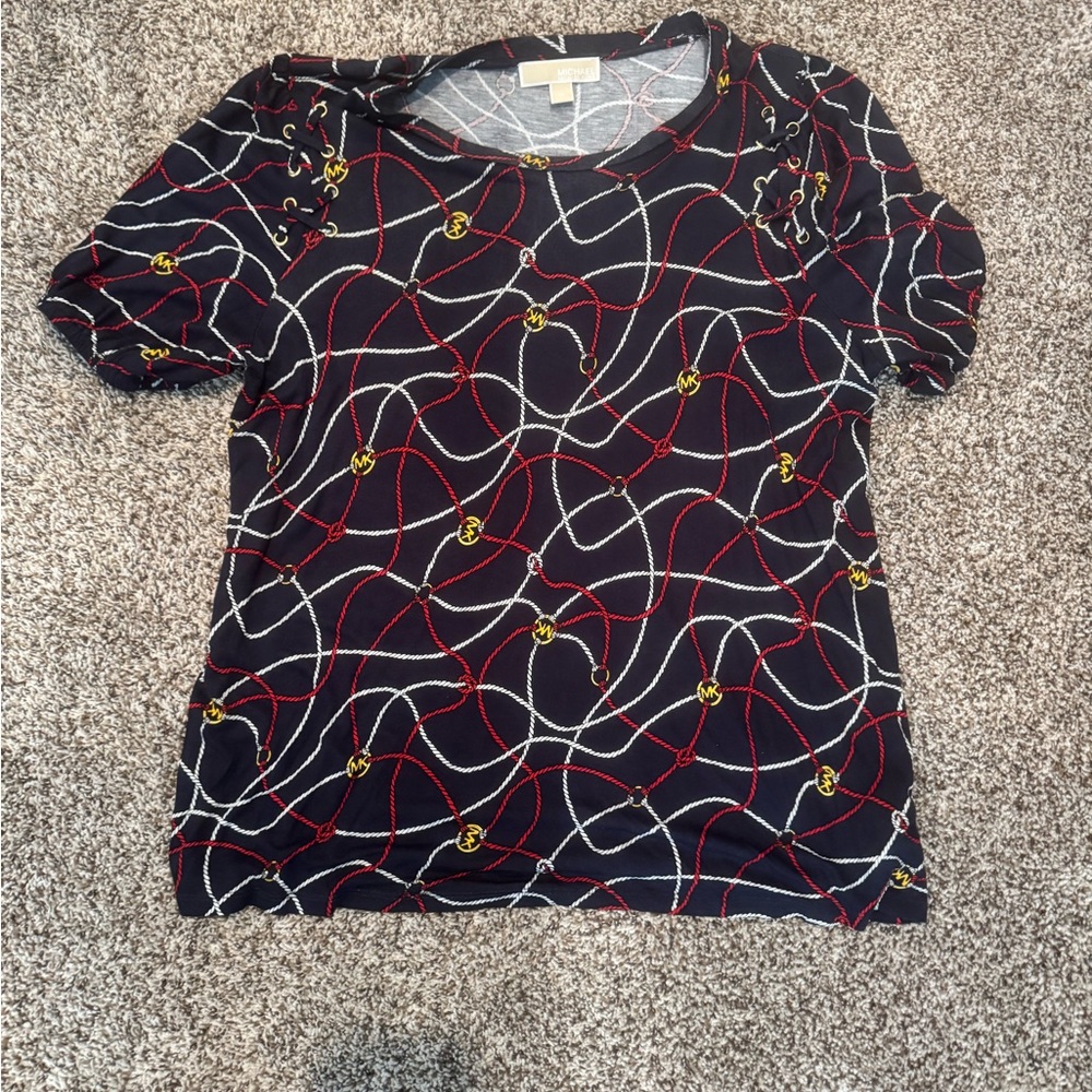 Michael Kors Navy Graphic Tee with Red and White Accents